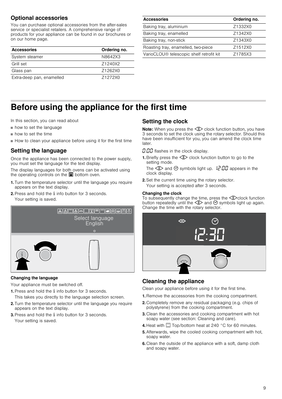 Optional accessories, Before using the appliance for the first time, Setting the language | Press and hold the ± info button for 3 seconds, Changing the language, Setting the clock, Note, Flashes in the clock display, Set the current time using the rotary selector, Cleaning the appliance | Neff U16E74N3GB User Manual | Page 9 / 36