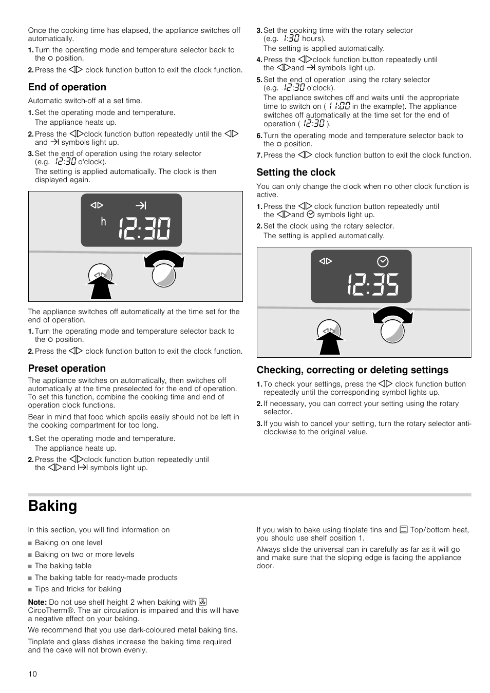 End of operation, Automatic switch-off at a set time, Set the operating mode and temperature | Preset operation, Setting the clock, Set the clock using the rotary selector, Checking, correcting or deleting settings, Baking, Note | Neff B44M42N3GB User Manual | Page 10 / 28
