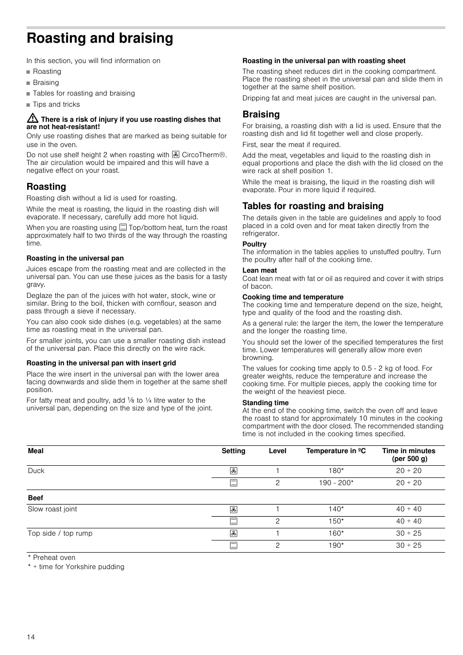 Roasting and braising, Roasting, Roasting in the universal pan | Roasting in the universal pan with insert grid, Roasting in the universal pan with roasting sheet, Braising, Tables for roasting and braising | Neff B44M42N3GB User Manual | Page 14 / 28