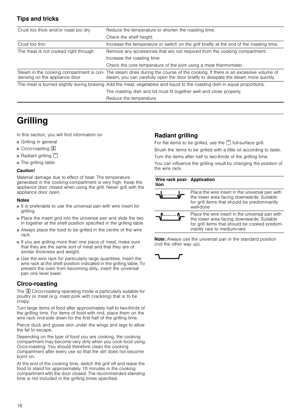 Tips and tricks, Grilling, Caution | Material damage due to effect of heat, Notes, Circo-roasting, Radiant grilling, Note, Circo-roasting radiant grilling | Neff B44M42N3GB User Manual | Page 16 / 28