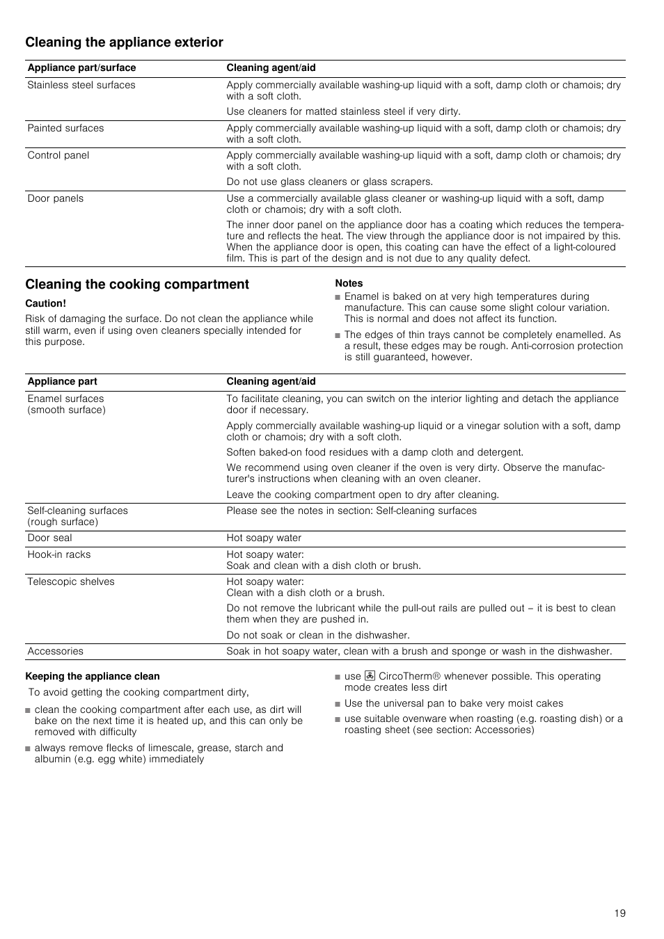 Cleaning the appliance exterior, Cleaning the cooking compartment, Caution | Notes, Keeping the appliance clean | Neff B44M42N3GB User Manual | Page 19 / 28
