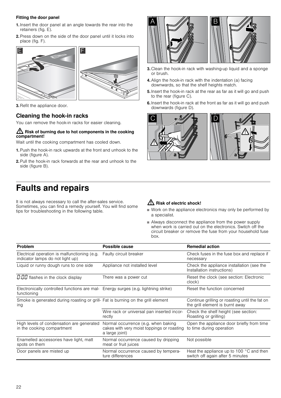 Fitting the door panel, Refit the appliance door, Cleaning the hook-in racks | Faults and repairs, Risk of electric shock | Neff B44M42N3GB User Manual | Page 22 / 28