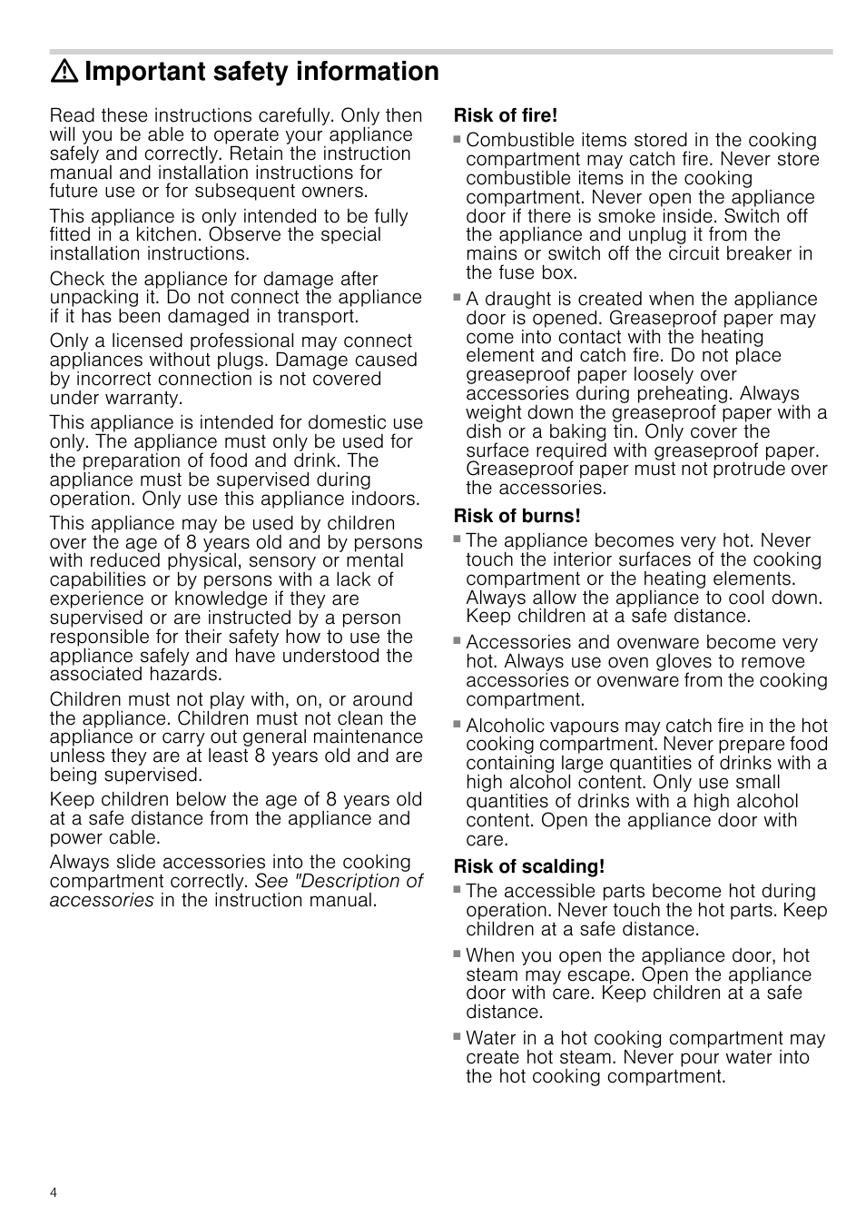 Important safety information, Risk of fire, Risk of burns | Risk of serious burns, Risk of scalding, Ormation | Neff B44M42N3GB User Manual | Page 4 / 28