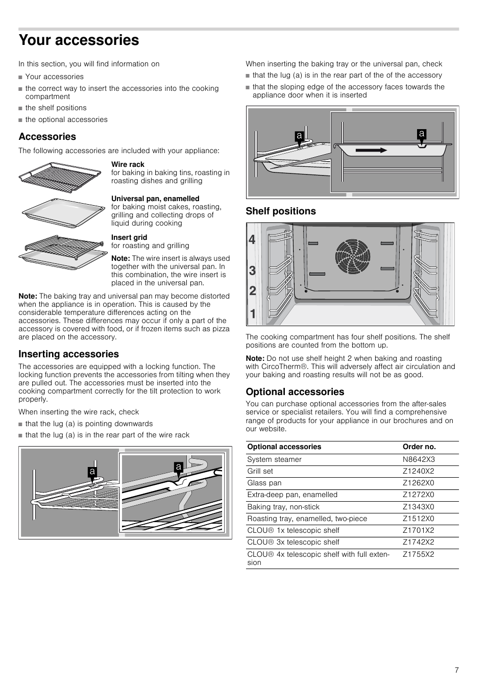 Your accessories, Accessories, Note | Inserting accessories, Shelf positions, Optional accessories | Neff B44M42N3GB User Manual | Page 7 / 28