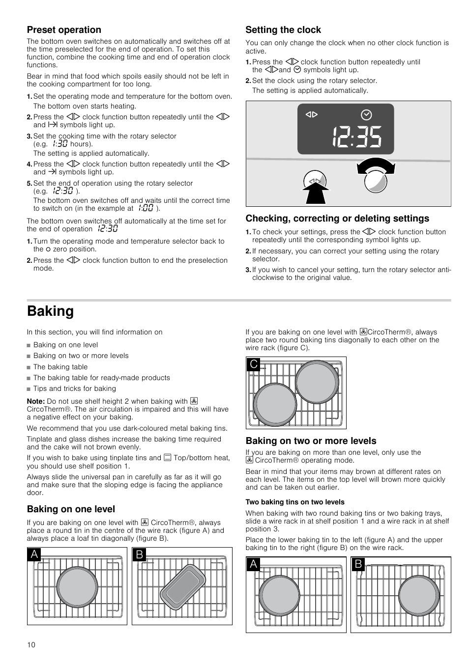 Preset operation, Setting the clock, Set the clock using the rotary selector | Checking, correcting or deleting settings, Baking, Note, Baking on one level, Baking on two or more levels, Two baking tins on two levels, Preset operation setting the clock | Neff U17M42W3GB User Manual | Page 10 / 24
