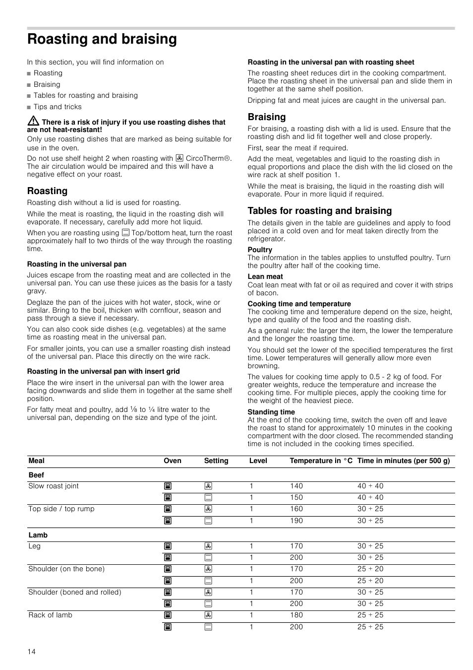 Roasting and braising, Roasting, Roasting in the universal pan | Roasting in the universal pan with insert grid, Roasting in the universal pan with roasting sheet, Braising, Tables for roasting and braising | Neff U17M42W3GB User Manual | Page 14 / 24