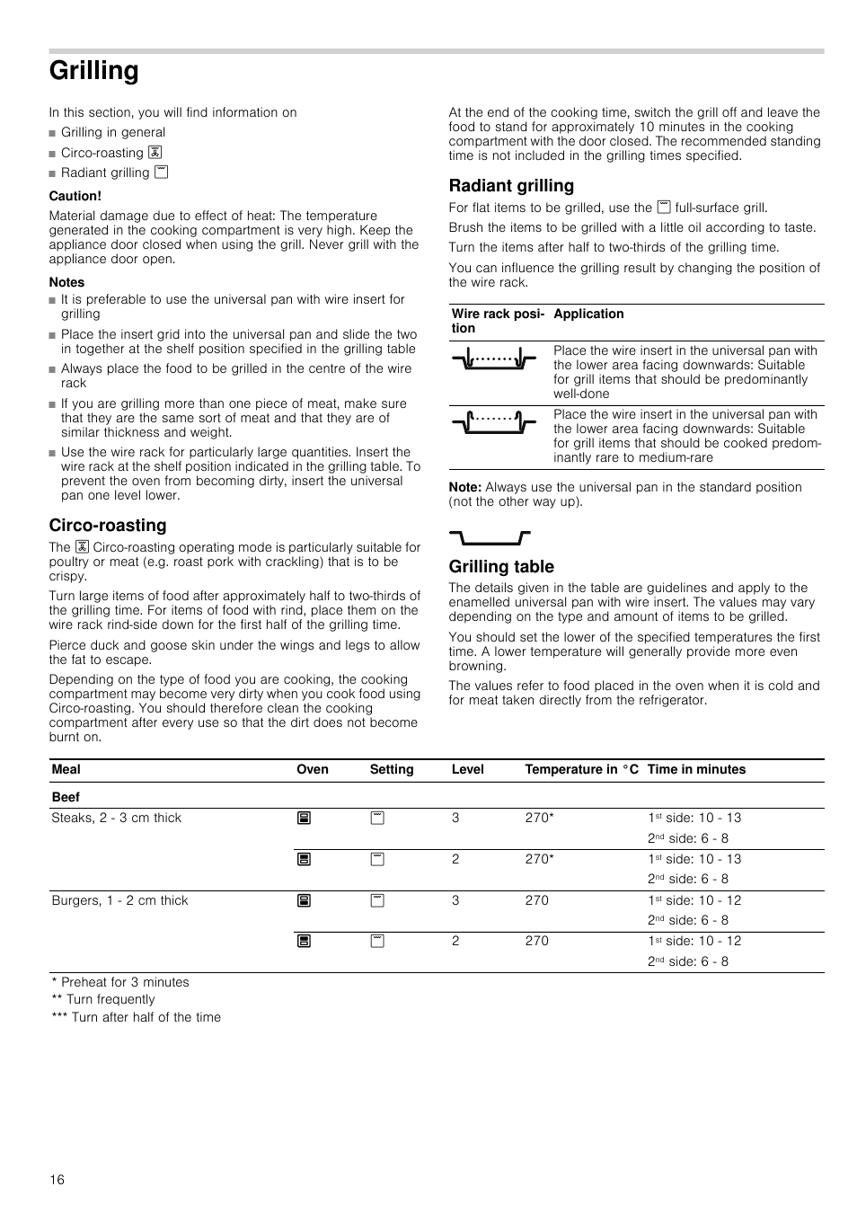 Grilling, Caution, Material damage due to effect of heat | Notes, Circo-roasting, Radiant grilling, Note, Grilling table, Circo-roasting radiant grilling grilling table | Neff U17M42W3GB User Manual | Page 16 / 24