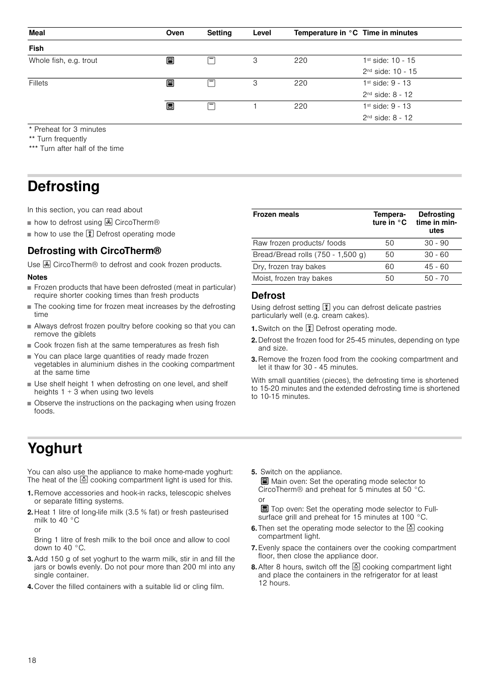 Defrosting, Defrosting with circotherm, Notes | Defrost, Switch on the a defrost operating mode, Yoghurt, Switch on the appliance, Defrosting with circotherm® defrost | Neff U17M42W3GB User Manual | Page 18 / 24