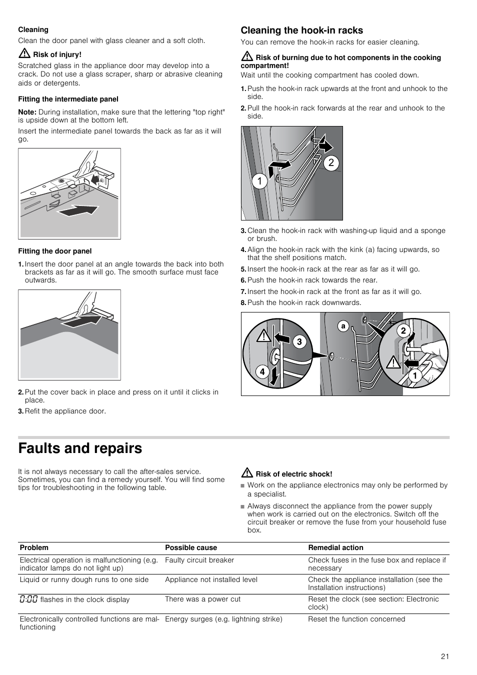 Cleaning, Risk of injury, Fitting the intermediate panel | Note, Fitting the door panel, Refit the appliance door, Cleaning the hook-in racks, Push the hook-in rack towards the rear, Push the hook-in rack downwards, Faults and repairs | Neff U17M42W3GB User Manual | Page 21 / 24