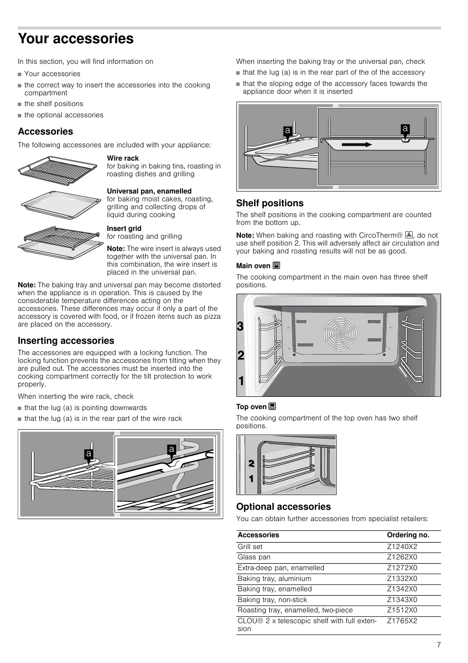Your accessories, Accessories, Note | Inserting accessories, Shelf positions, Main oven õ, Top oven ô, Optional accessories | Neff U17M42W3GB User Manual | Page 7 / 24