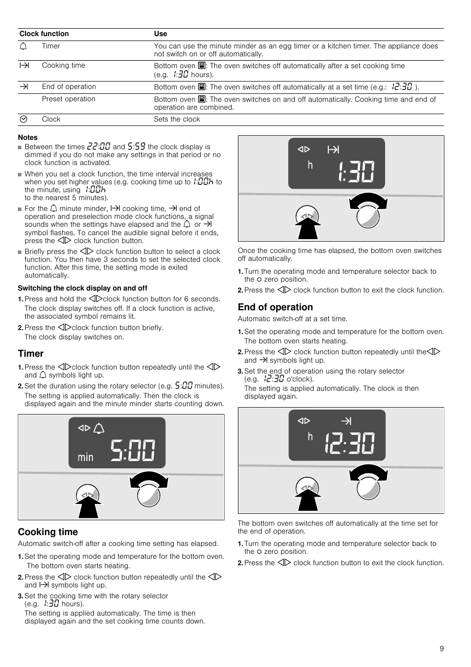 Notes, Switching the clock display on and off, Press the kjclock function button briefly | Timer, Cooking time, End of operation, Cooking time end of operation | Neff U17M42W3GB User Manual | Page 9 / 24
