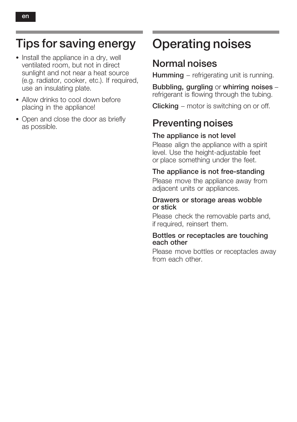 Operating noises, Tips for saving energy, Normal noises | Preventing noises | Neff K3670X0GB User Manual | Page 10 / 16