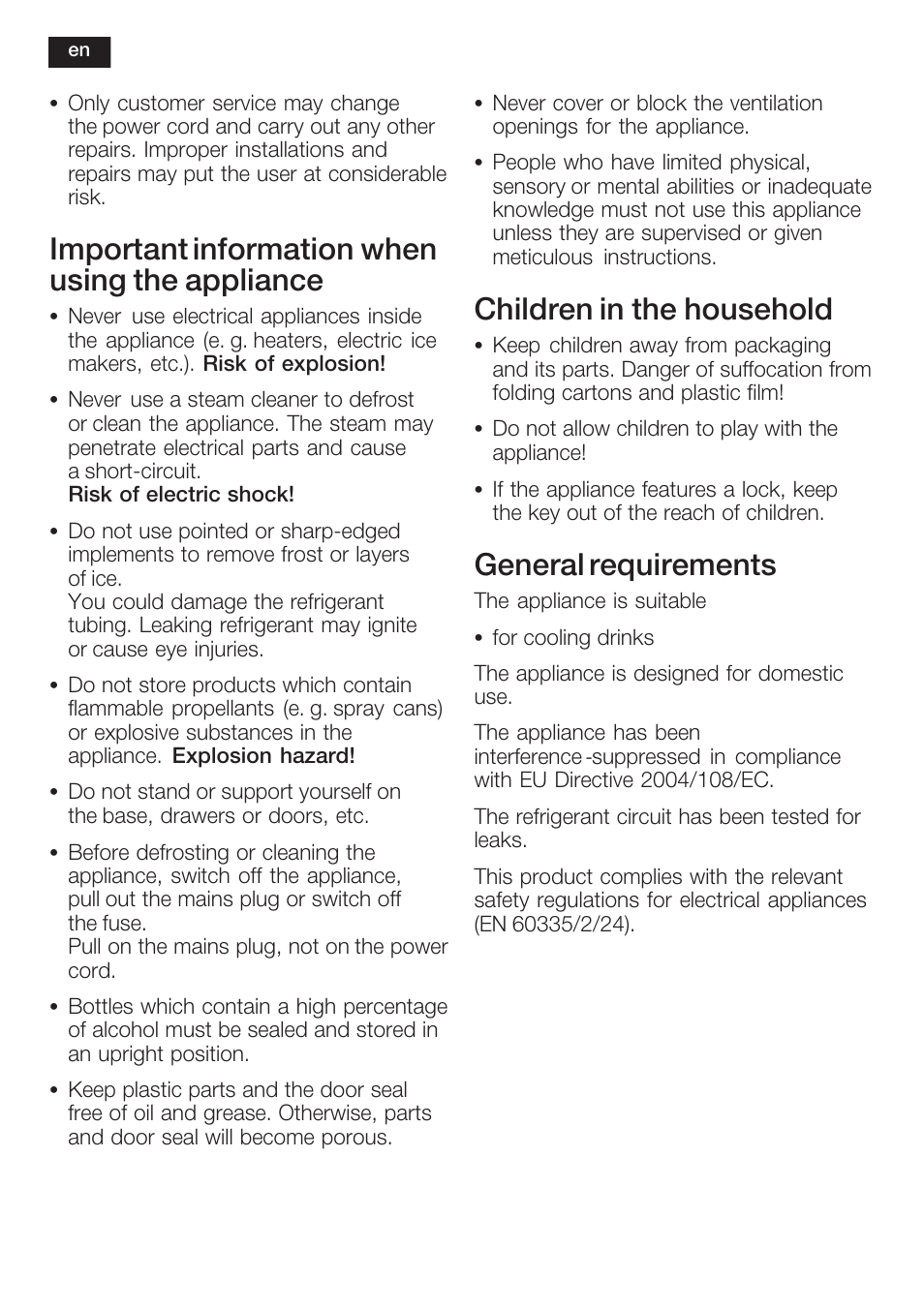 Important information when using the appliance, Children in the household, General requirements | Neff K3670X0GB User Manual | Page 4 / 16