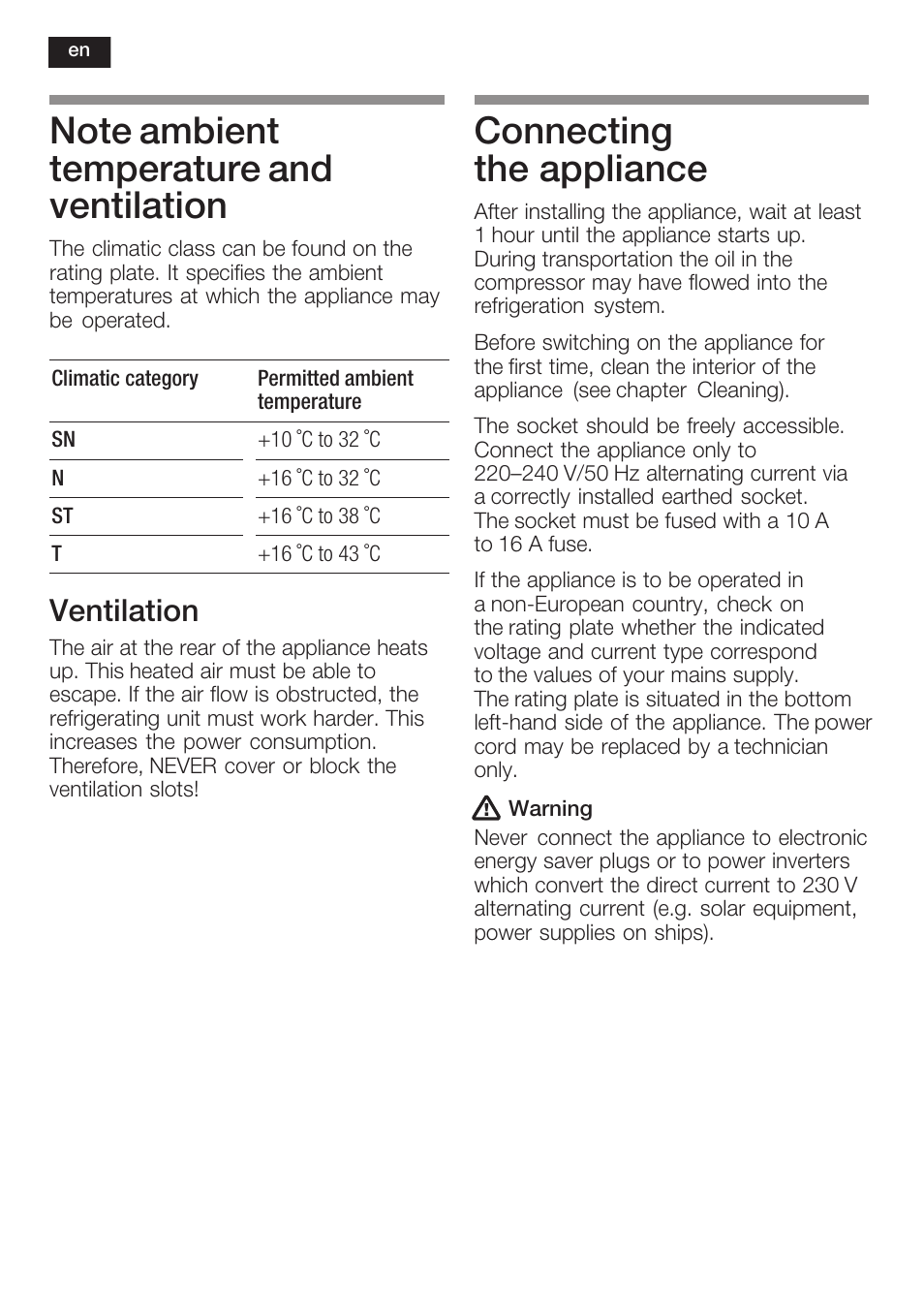 Connecting the appliance, Ventilation | Neff K3670X0GB User Manual | Page 6 / 16