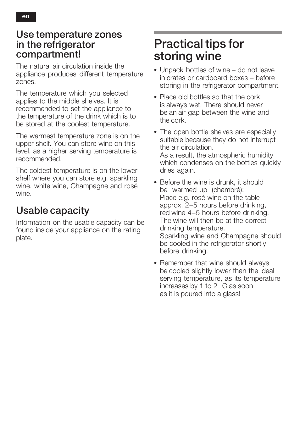 Practical tips for storing wine, Usable capacity | Neff K3670X0GB User Manual | Page 8 / 16