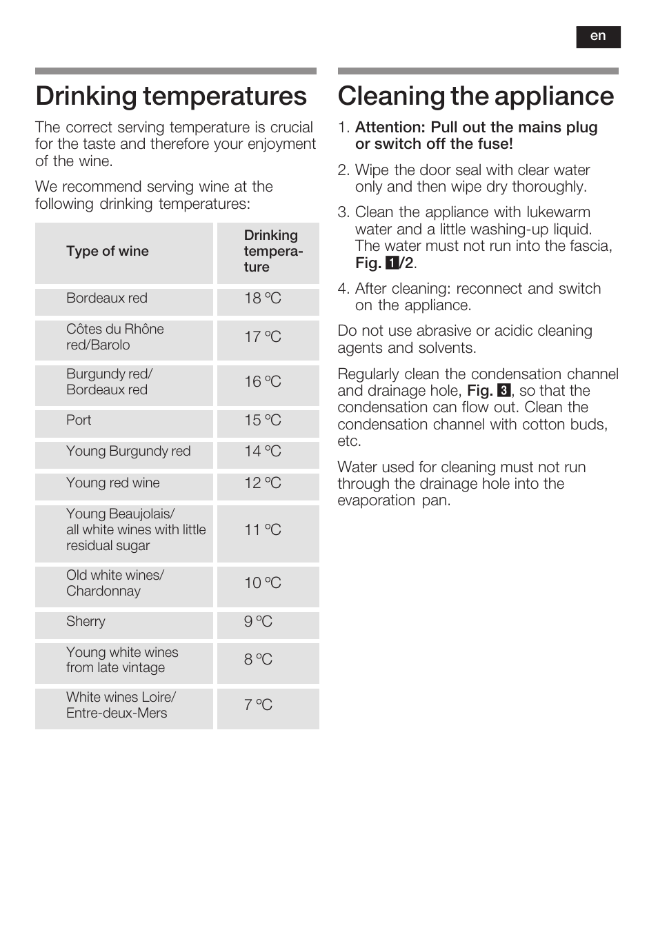 Drinking temperatures, Cleaning the appliance | Neff K3670X0GB User Manual | Page 9 / 16