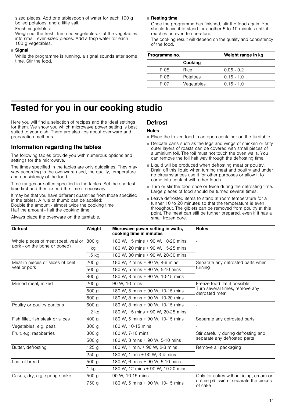 Tested for you in our cooking studio, Information regarding the tables, Defrost | Notes | Neff H11WE60N0G User Manual | Page 11 / 16