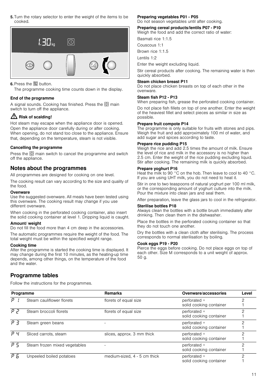 Press the … button, End of the programme, Risk of scalding | Cancelling the programme, Notes about the programmes, Programme tables | Neff C44L20N3GB User Manual | Page 11 / 24