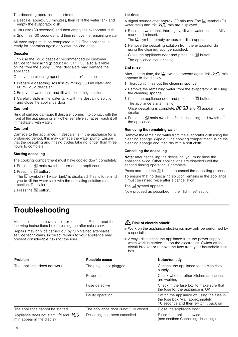 The descaling operation consists of, Descaler, Caution | Risk of surface damage, Damage to the appliance, Starting descaling, Press the ~ main switch to turn on the appliance, Press the í button, Press the … button, 1st rinse | Neff C44L20N3GB User Manual | Page 14 / 24