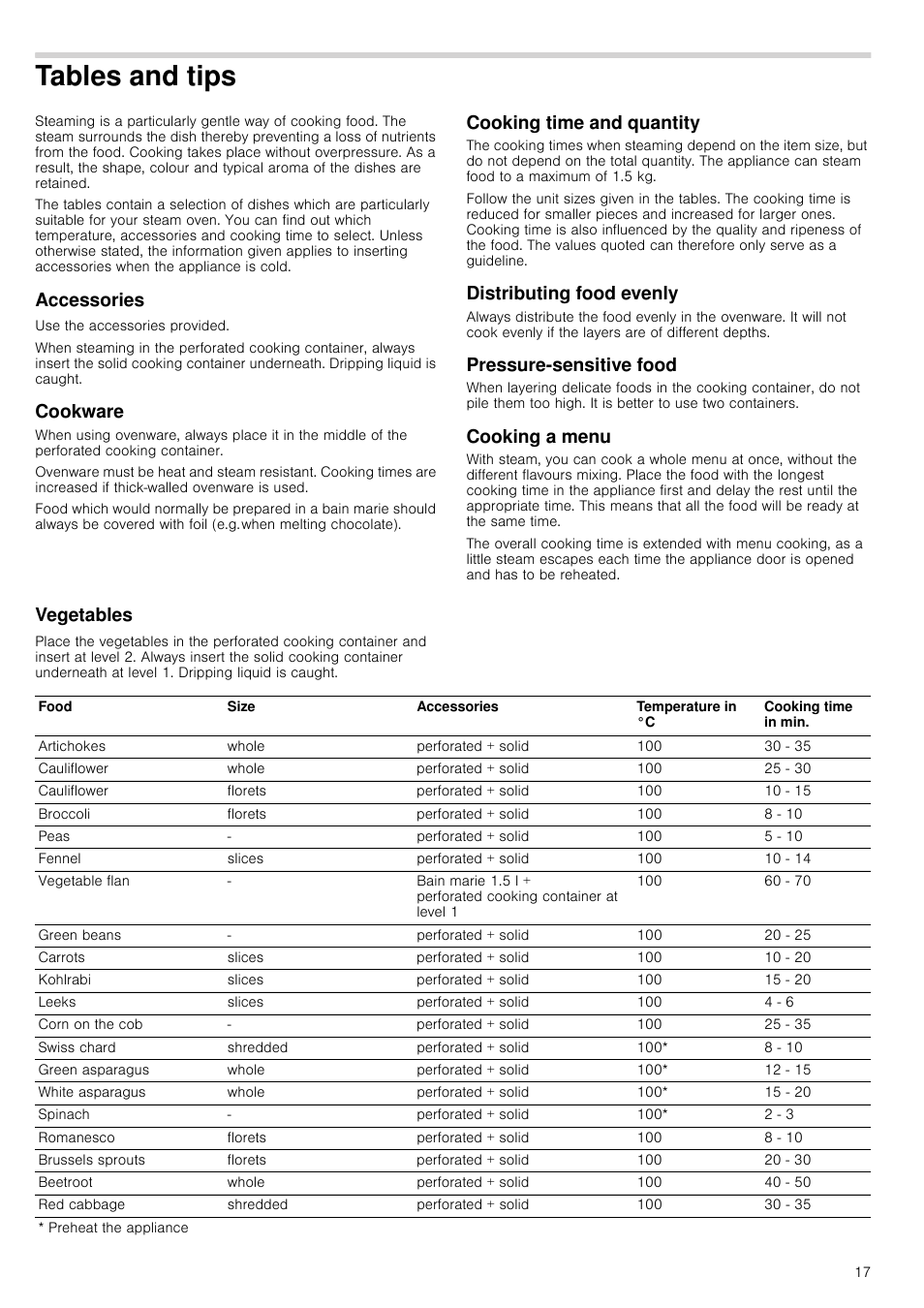 Tables and tips, Accessories, Cookware | Cooking time and quantity, Distributing food evenly, Pressure-sensitive food, Cooking a menu, Vegetables, Accessories cookware | Neff C44L20N3GB User Manual | Page 17 / 24