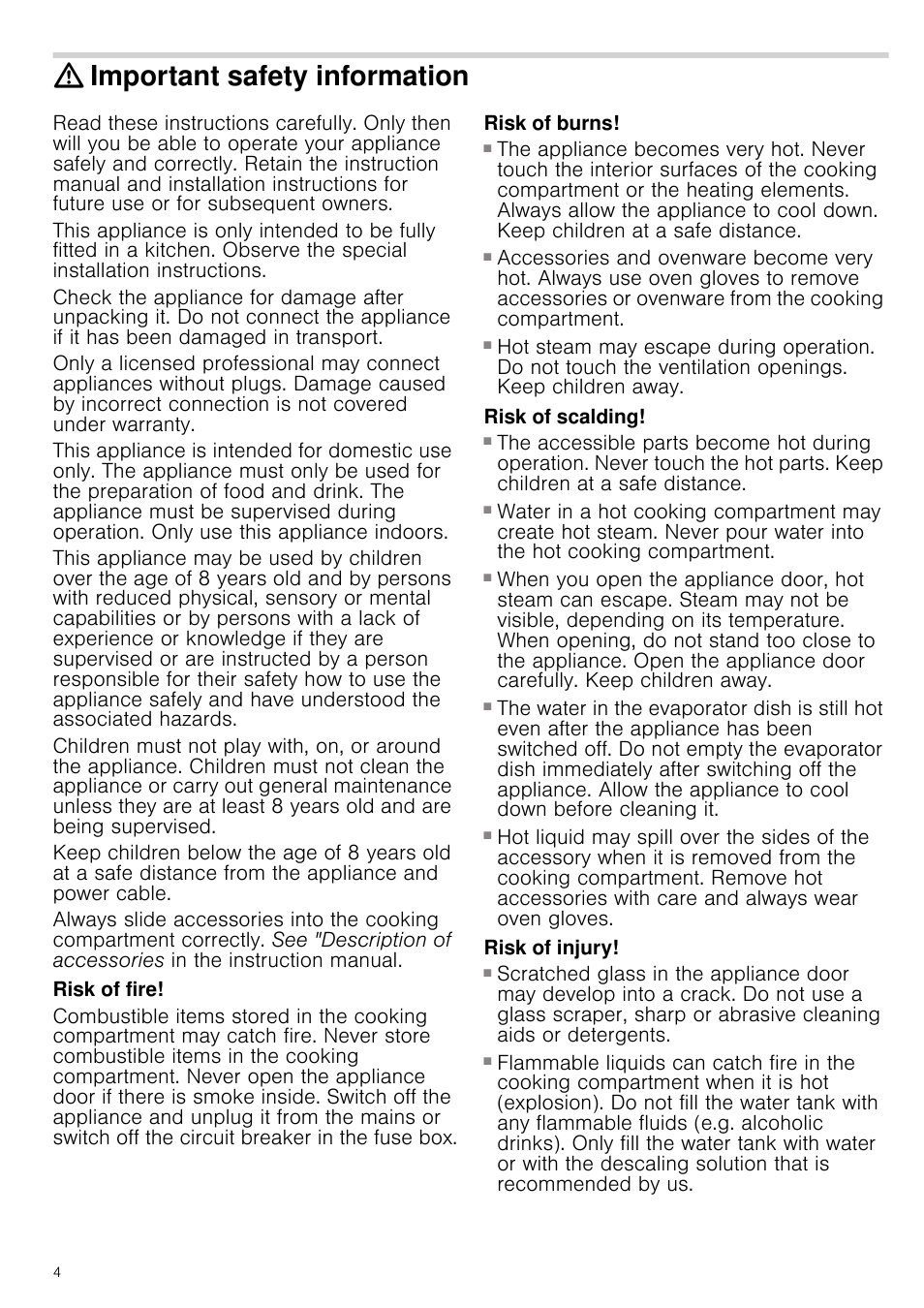 Important safety information, Risk of fire, Risk of burns | Risk of serious burns, Risk of scalding, Risk of injury, Risk of injury and risk of fire, Ormation | Neff C44L20N3GB User Manual | Page 4 / 24