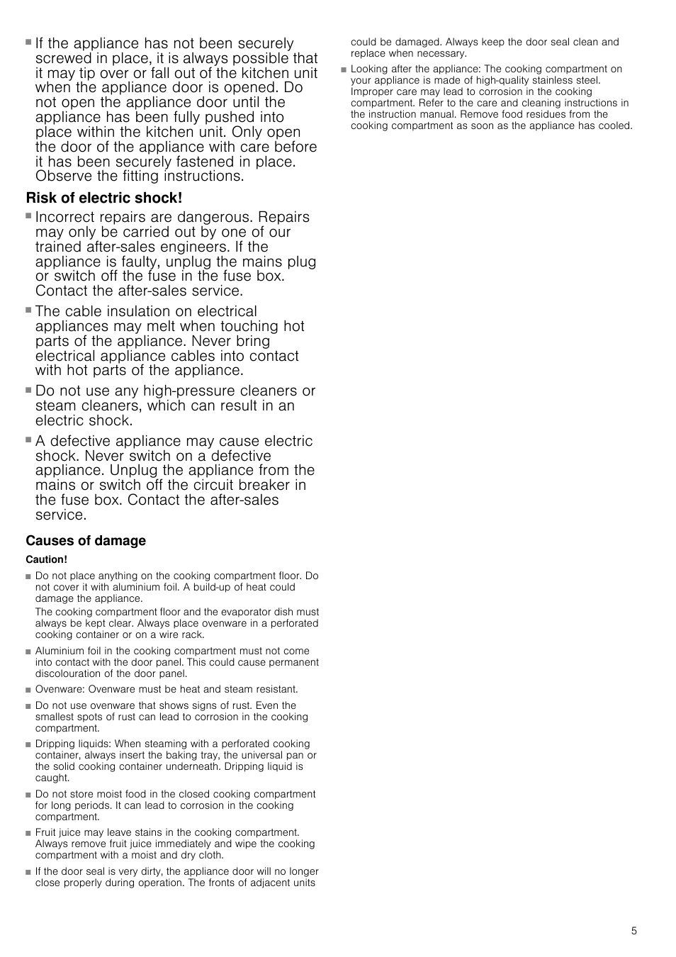 Risk of electric shock, Risk of electric shock and serious injury, Causes of damage | Caution | Neff C44L20N3GB User Manual | Page 5 / 24