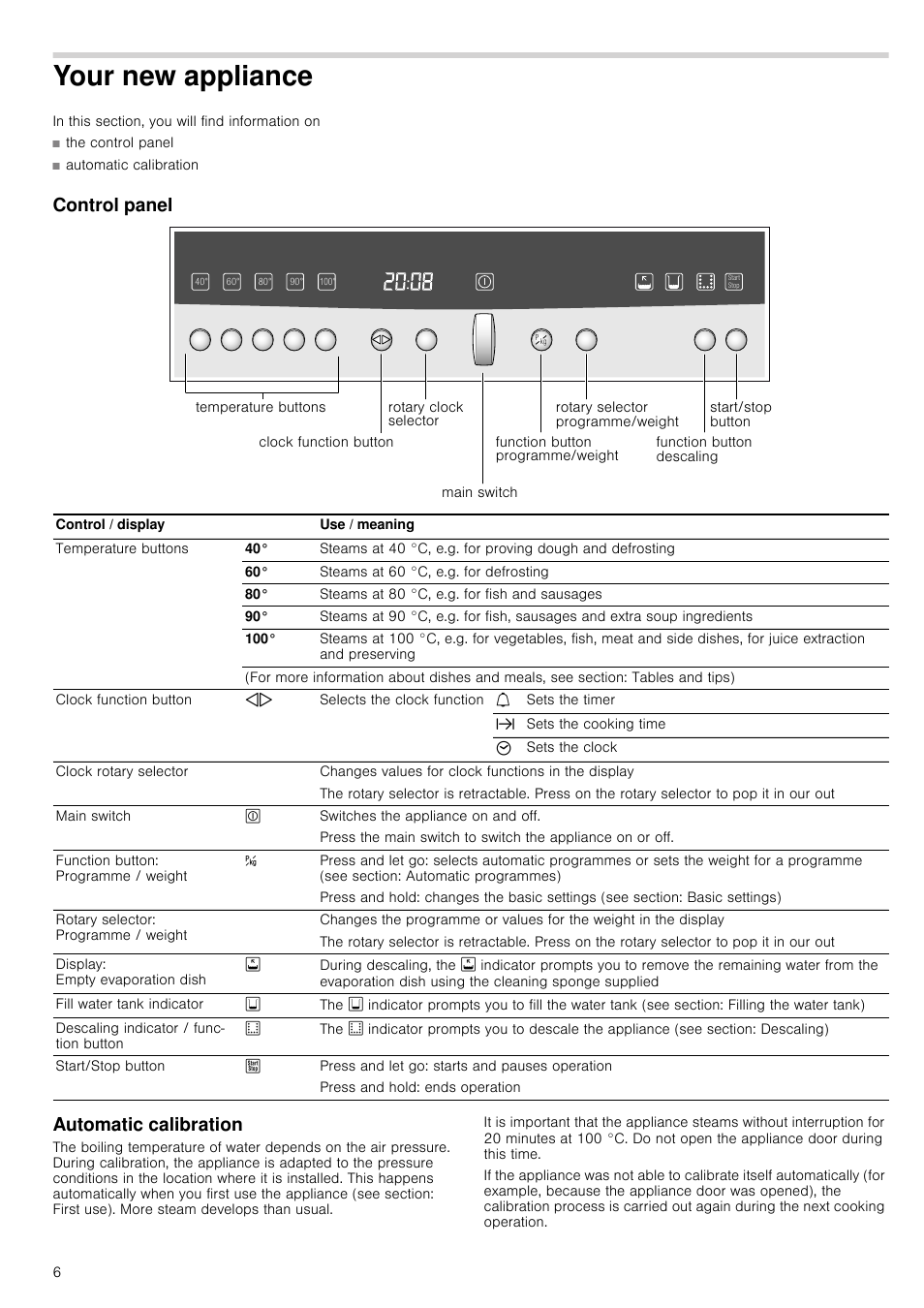 Your new appliance, In this section, you will find information on, The control panel | Control panel, Automatic calibration, W appliance control panel automatic calibration, Control panel automatic calibration | Neff C44L20N3GB User Manual | Page 6 / 24