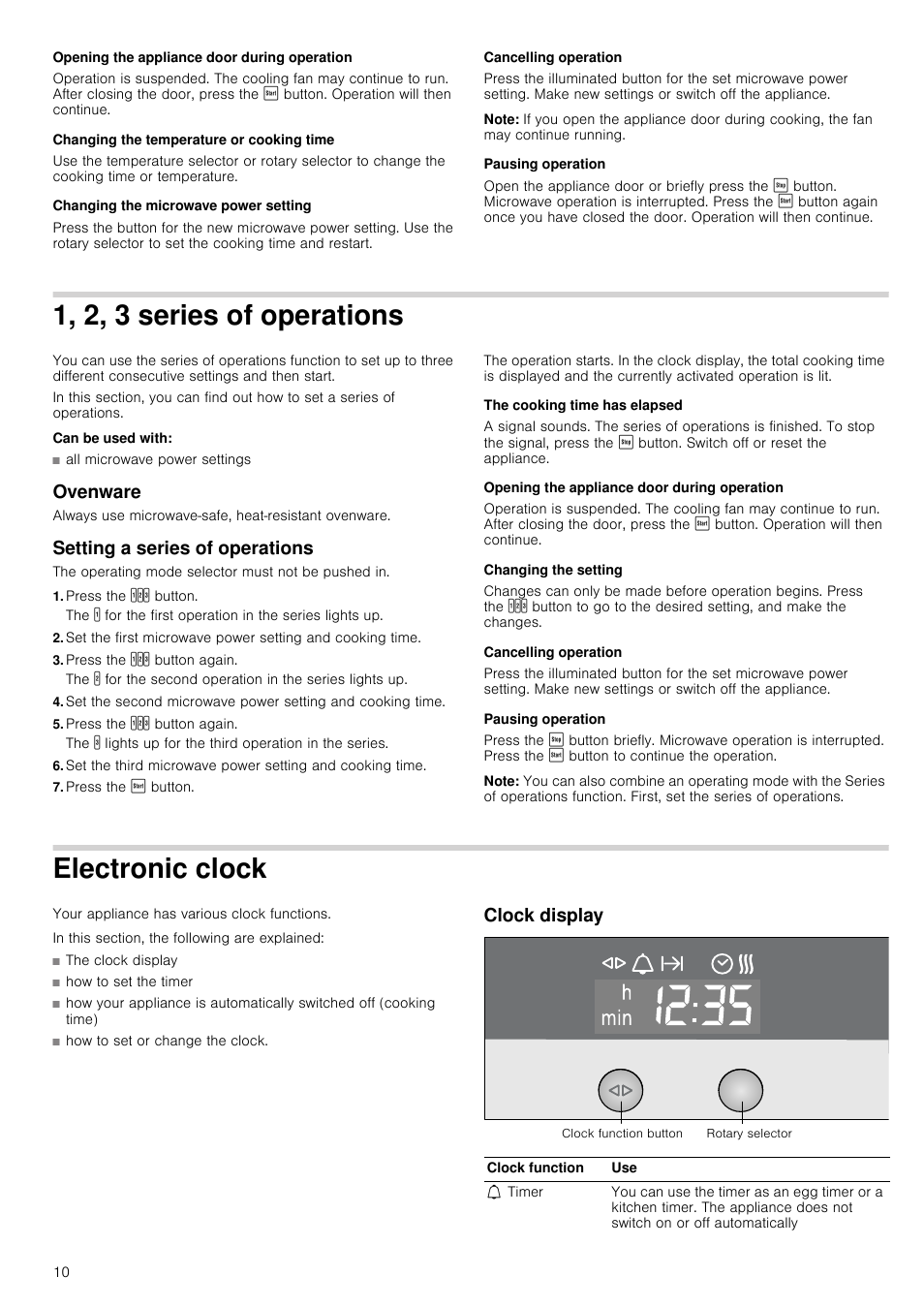 Opening the appliance door during operation, Changing the temperature or cooking time, Changing the microwave power setting | Cancelling operation, Note, Pausing operation, 1, 2, 3 series of operations, Can be used with, Ovenware, Setting a series of operations | Neff C57M70N3GB User Manual | Page 10 / 28
