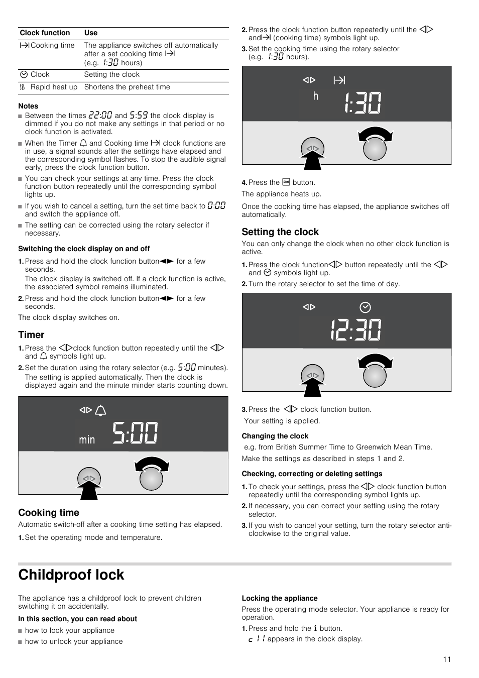 Notes, Switching the clock display on and off, Timer | Cooking time, Set the operating mode and temperature, Press the ƒ button, Setting the clock, Turn the rotary selector to set the time of day, Press the kj clock function button, Changing the clock | Neff C57M70N3GB User Manual | Page 11 / 28