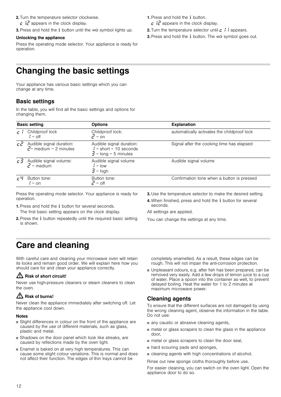 Turn the temperature selector clockwise, Unlocking the appliance, Press and hold the ± button | Turn the temperature selector until ™‚‚ appears, Press and hold the ± button. the ‚ symbol goes out, Changing the basic settings, Basic settings, Press and hold the ± button for several seconds, Care and cleaning, Risk of short circuit | Neff C57M70N3GB User Manual | Page 12 / 28
