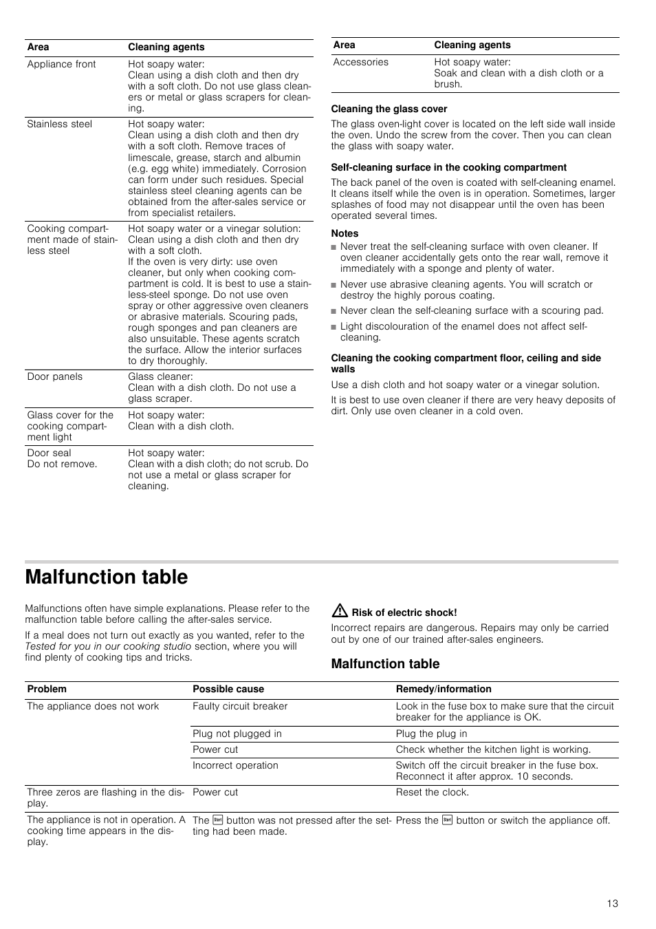 Cleaning the glass cover, Self-cleaning surface in the cooking compartment, Notes | Malfunction table, Risk of electric shock | Neff C57M70N3GB User Manual | Page 13 / 28