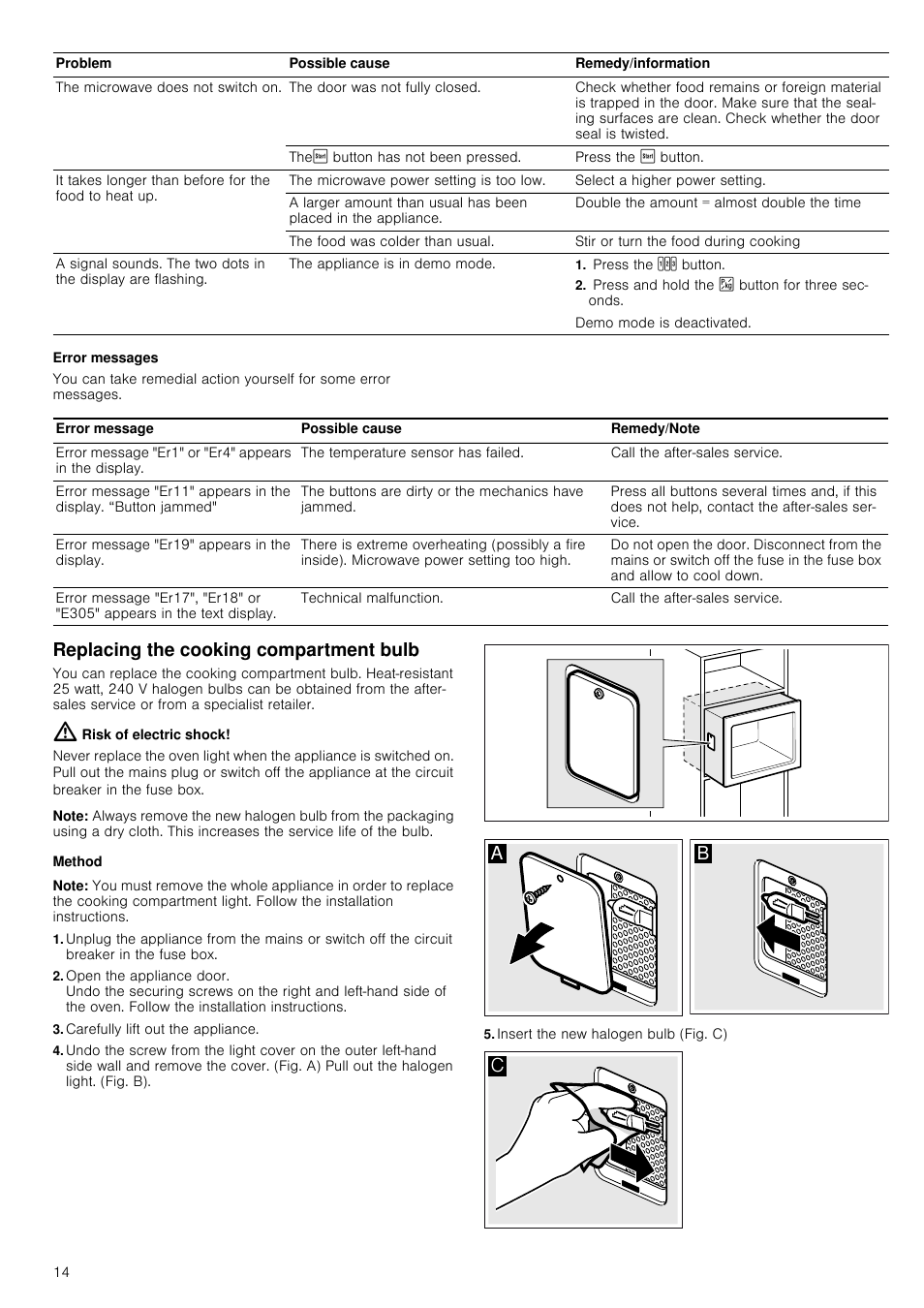 Press the °±² button, Press and hold the n button for three seconds, Error messages | Replacing the cooking compartment bulb, Risk of electric shock, Note, Method, Carefully lift out the appliance, Insert the new halogen bulb (fig. c) | Neff C57M70N3GB User Manual | Page 14 / 28