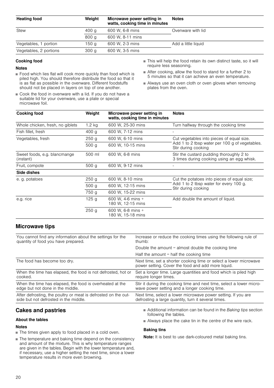 Cooking food, Notes, Microwave tips | Cakes and pastries, About the tables, Baking tins, Note, Microwave tips cakes and pastries | Neff C57M70N3GB User Manual | Page 20 / 28