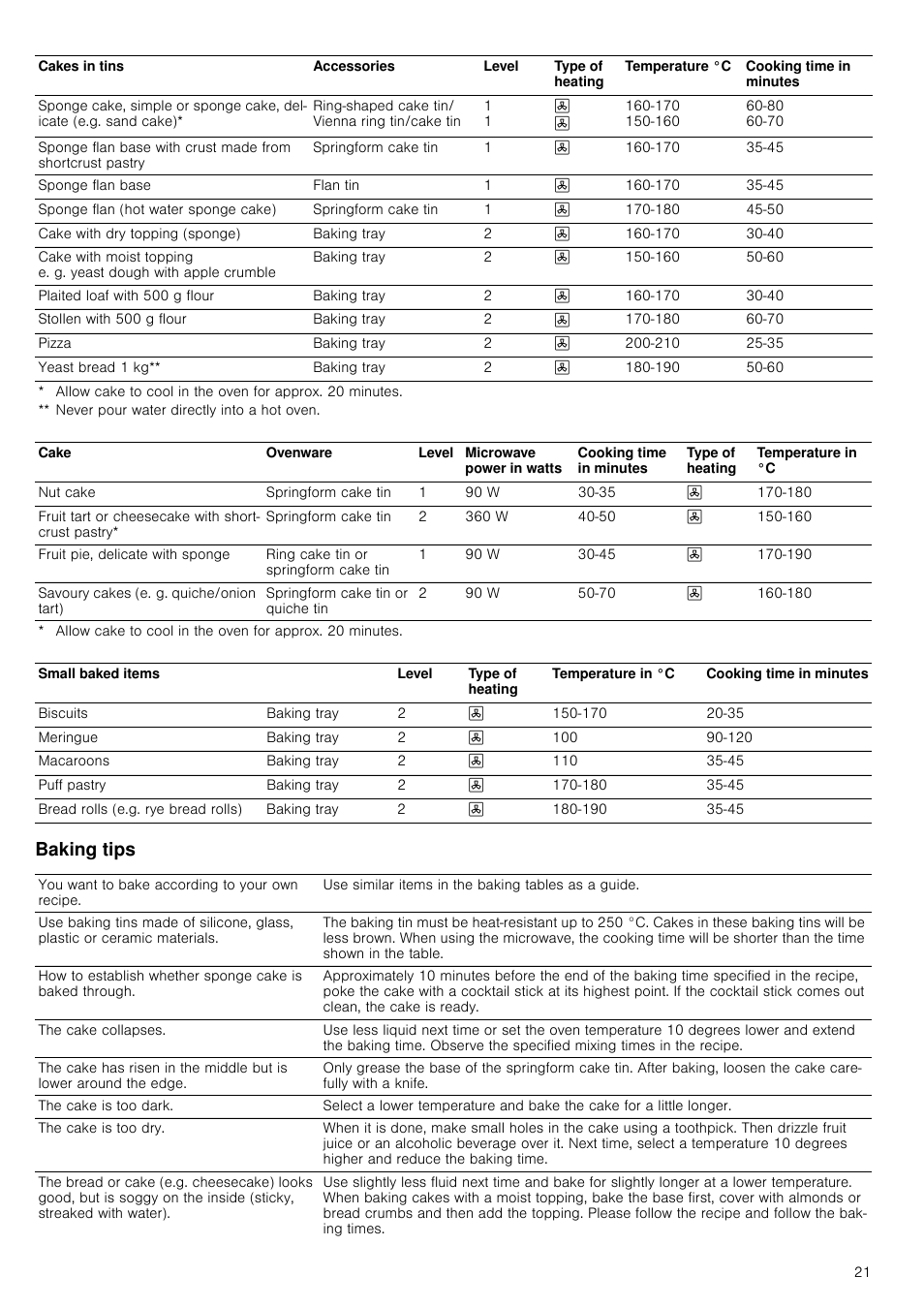 Baking tips | Neff C57M70N3GB User Manual | Page 21 / 28