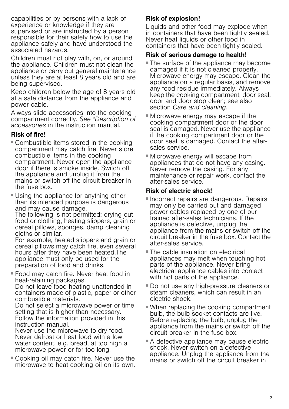 Risk of fire, Risk of explosion, Risk of serious damage to health | Risk of electric shock, Risk of electric shock and serious injury | Neff C57M70N3GB User Manual | Page 3 / 28