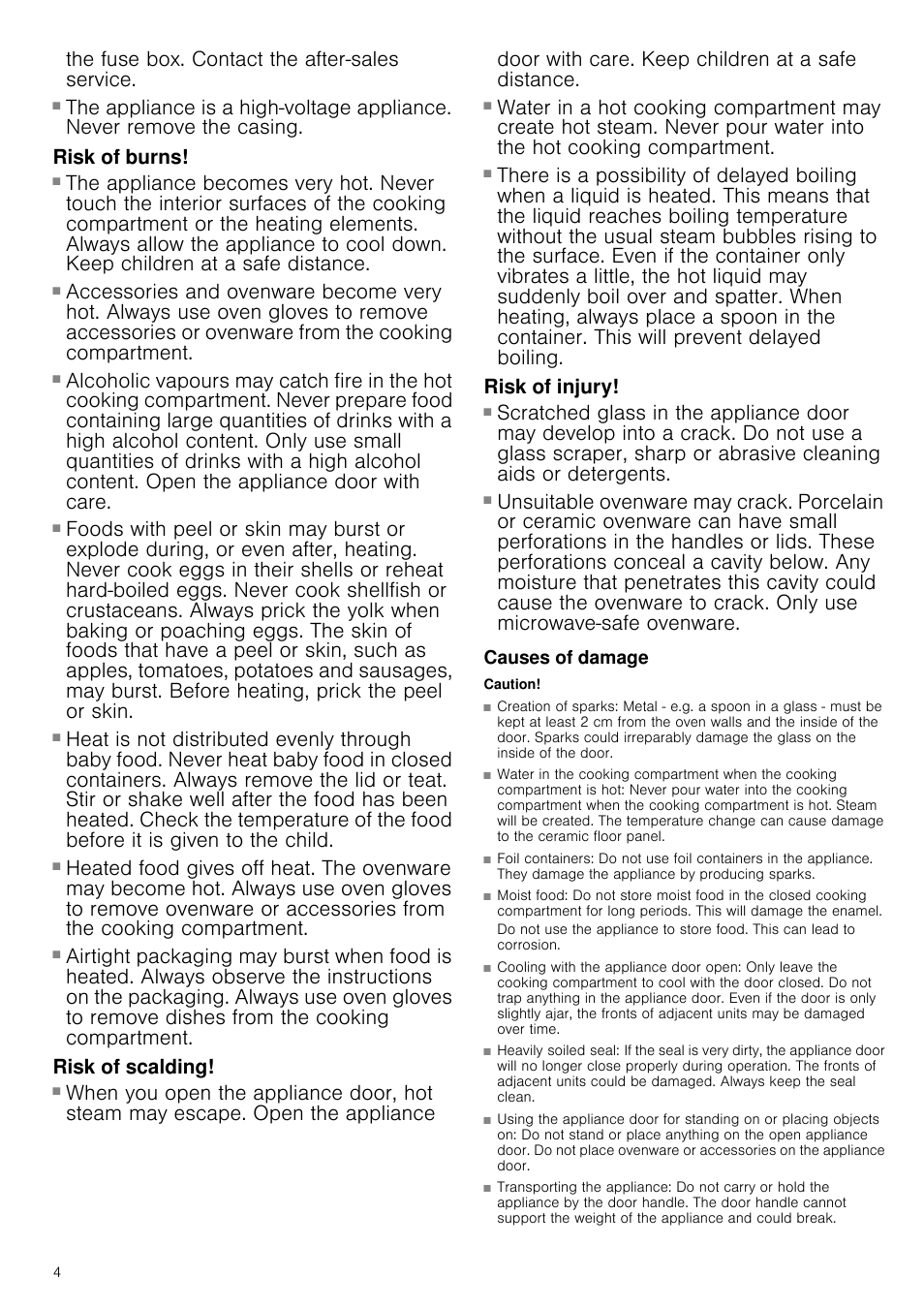 Risk of electric shock, Risk of burns, Risk of serious burns | Risk of scalding, Risk of injury, Causes of damage, Caution, Creation of sparks, Foil containers, Moist food | Neff C57M70N3GB User Manual | Page 4 / 28