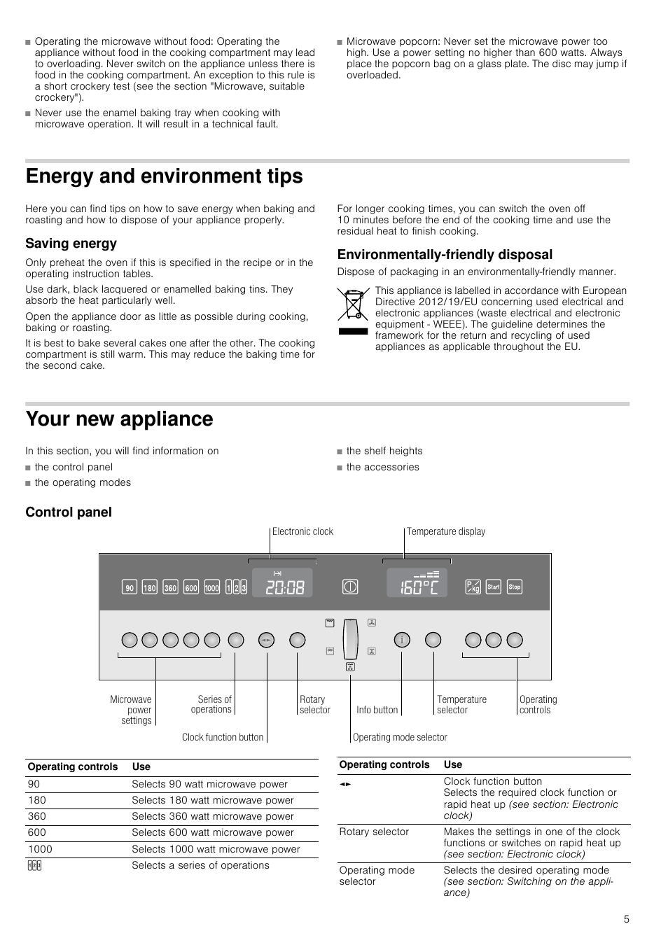Operating the microwave without food, Microwave popcorn, Energy and environment tips | Saving energy, Environmentally-friendly disposal, Your new appliance, Control panel, Vironment tips | Neff C57M70N3GB User Manual | Page 5 / 28