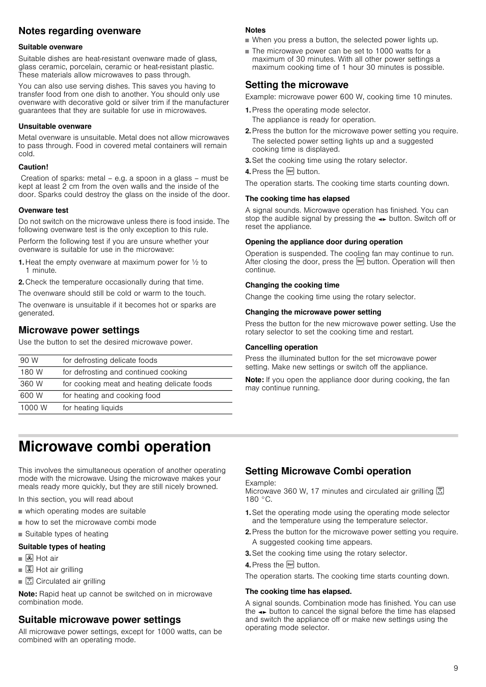 Notes regarding ovenware, Suitable ovenware, Unsuitable ovenware | Caution, Ovenware test, Microwave power settings, Notes, Setting the microwave, Press the operating mode selector, Set the cooking time using the rotary selector | Neff C57M70N3GB User Manual | Page 9 / 28