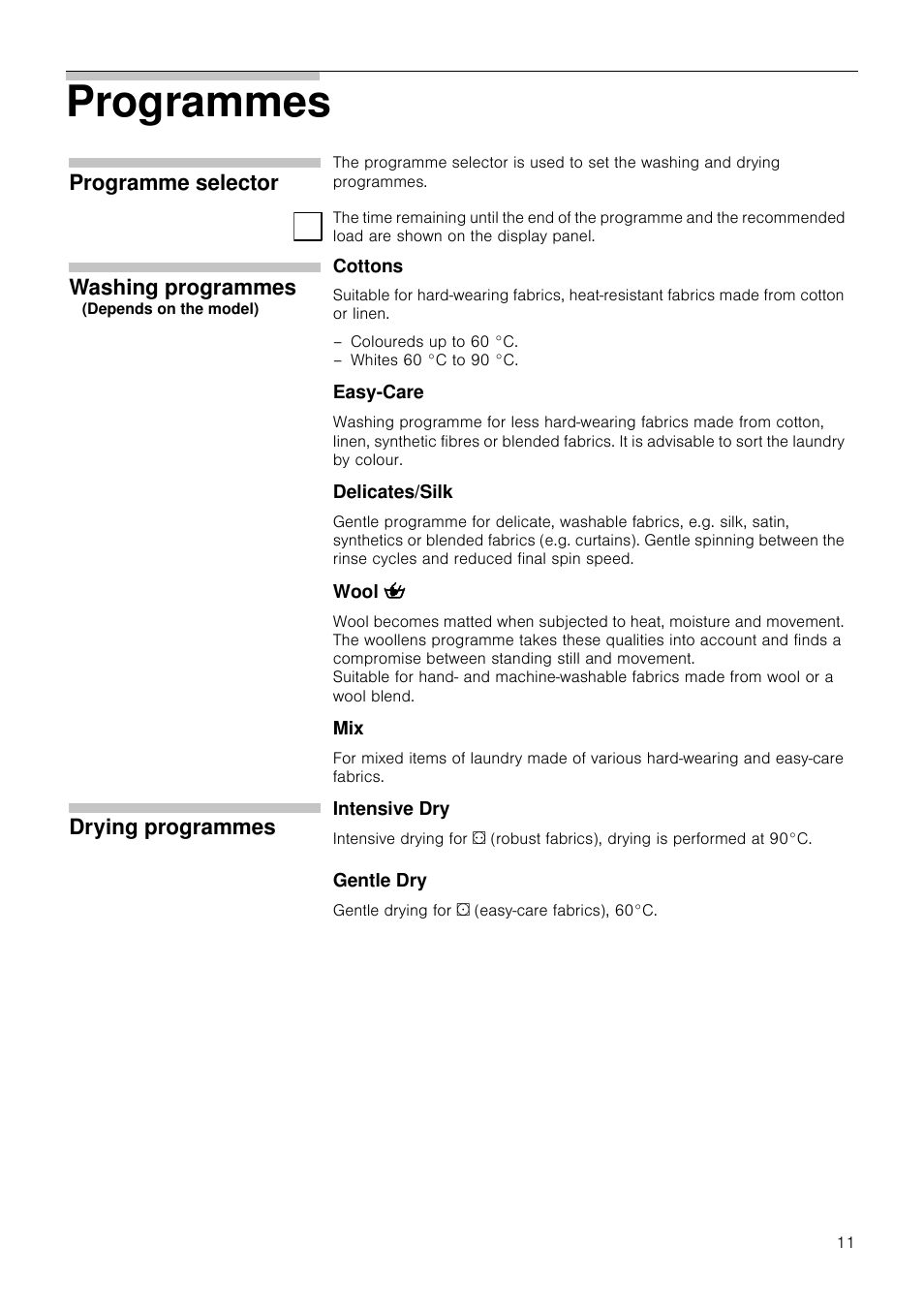 Programmes | Neff V6320X0GB User Manual | Page 11 / 32