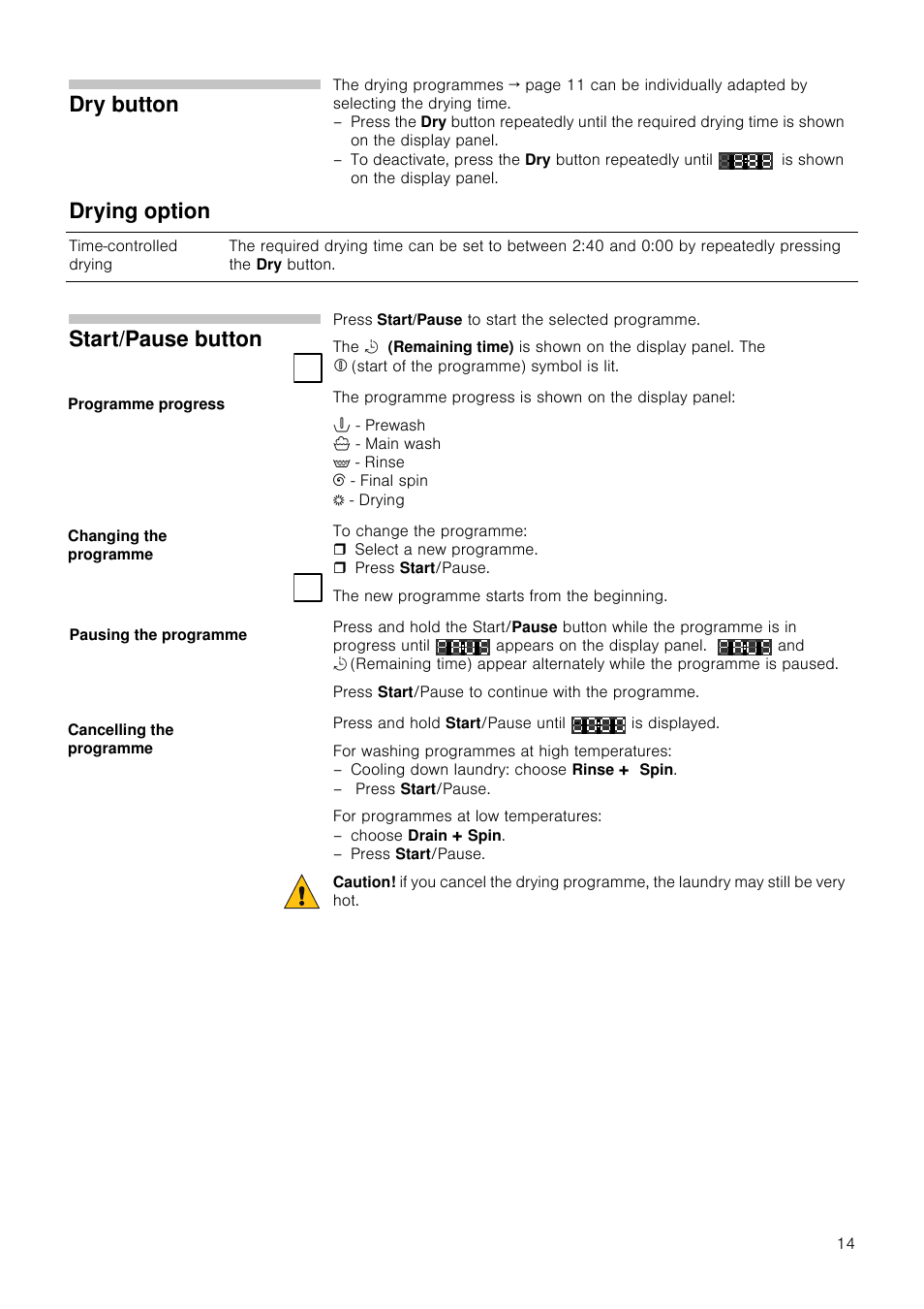 Dry button, Drying option, Start/pause button | Neff V6320X0GB User Manual | Page 14 / 32