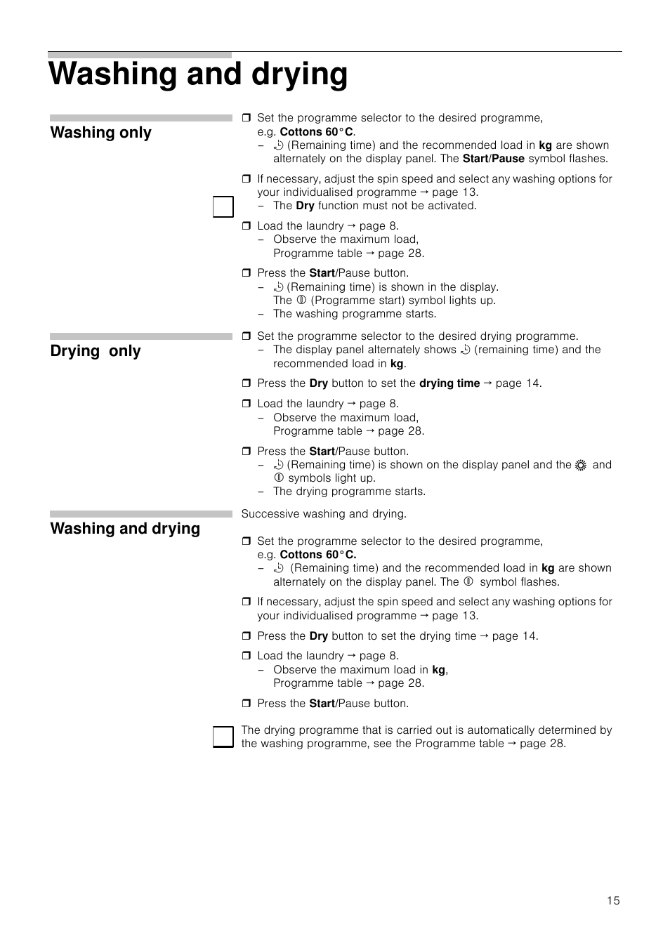 Washing and drying, Washing only, Drying only | Neff V6320X0GB User Manual | Page 15 / 32