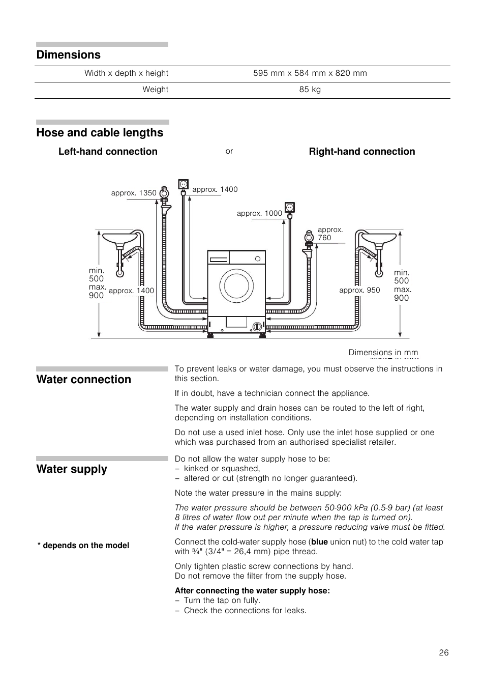 595 mm x 584 mm x 820 mm, 85 kg, Left-hand connection | Right-hand connection, Dimensions, Hose and cable lengths, Water connection, Water supply | Neff V6320X0GB User Manual | Page 26 / 32