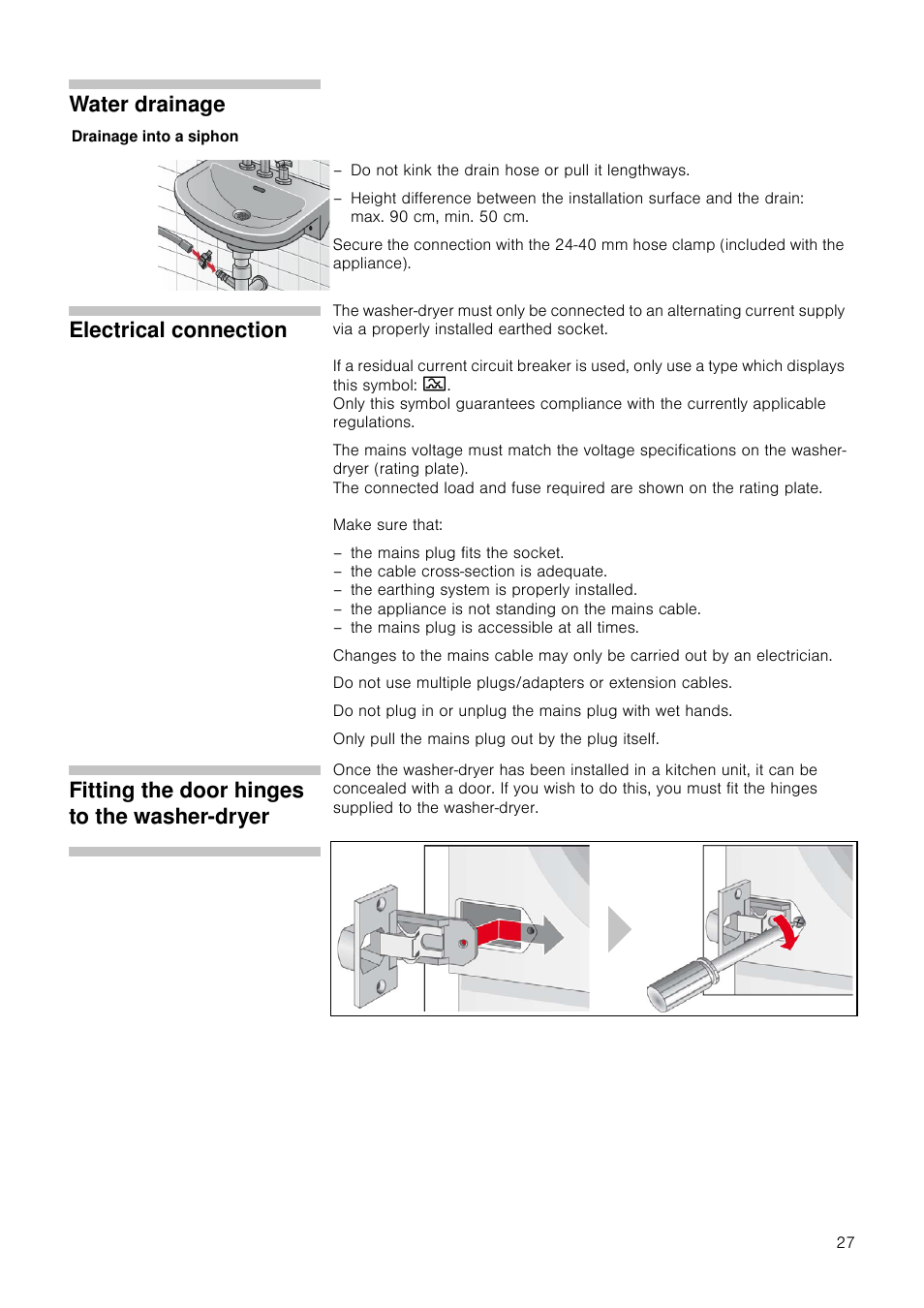 Water drainage, Electrical connection, Fitting the door hinges to the washer-dryer | Neff V6320X0GB User Manual | Page 27 / 32