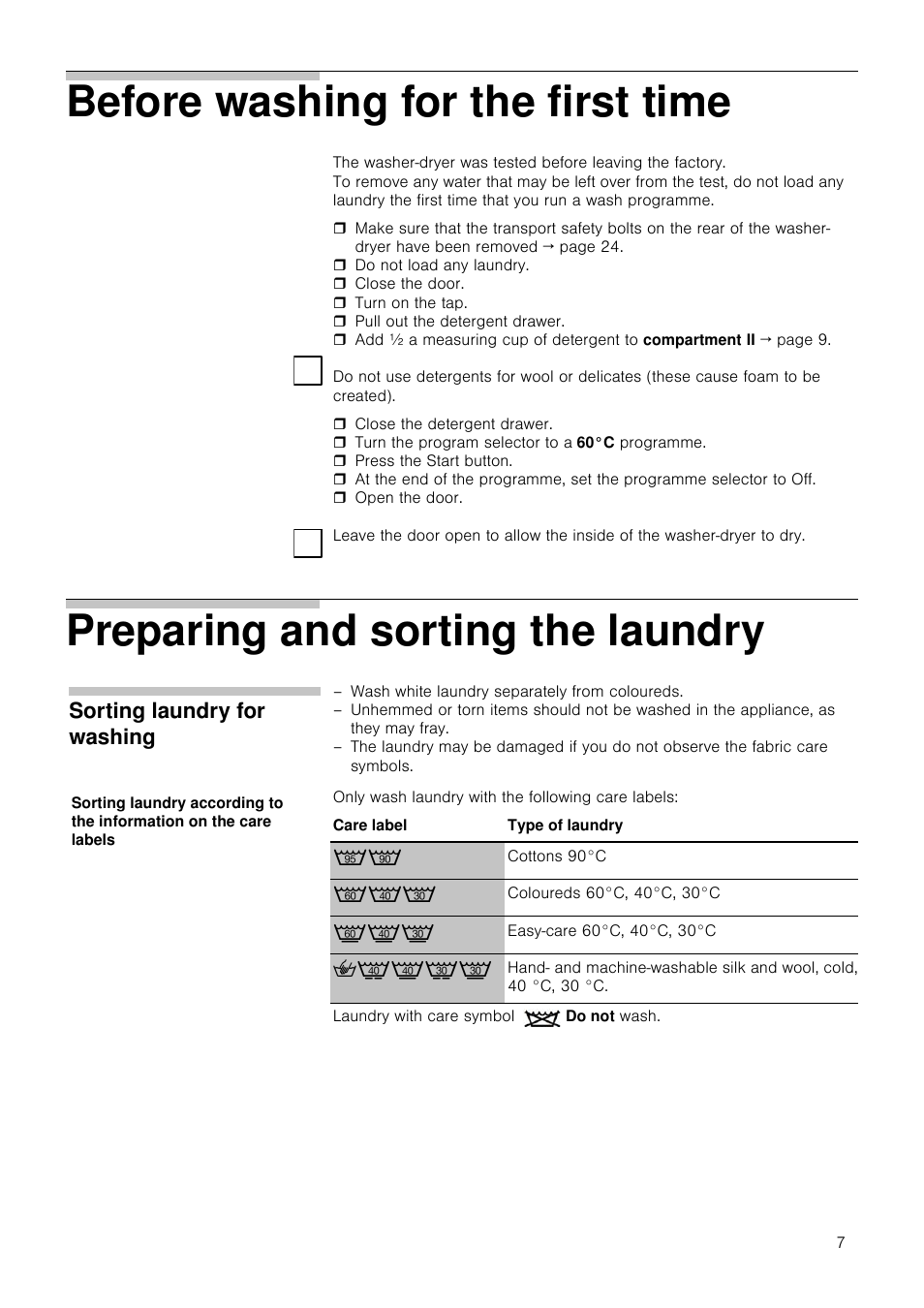 Before washing for the first time, Preparing and sorting the laundry | Neff V6320X0GB User Manual | Page 7 / 32