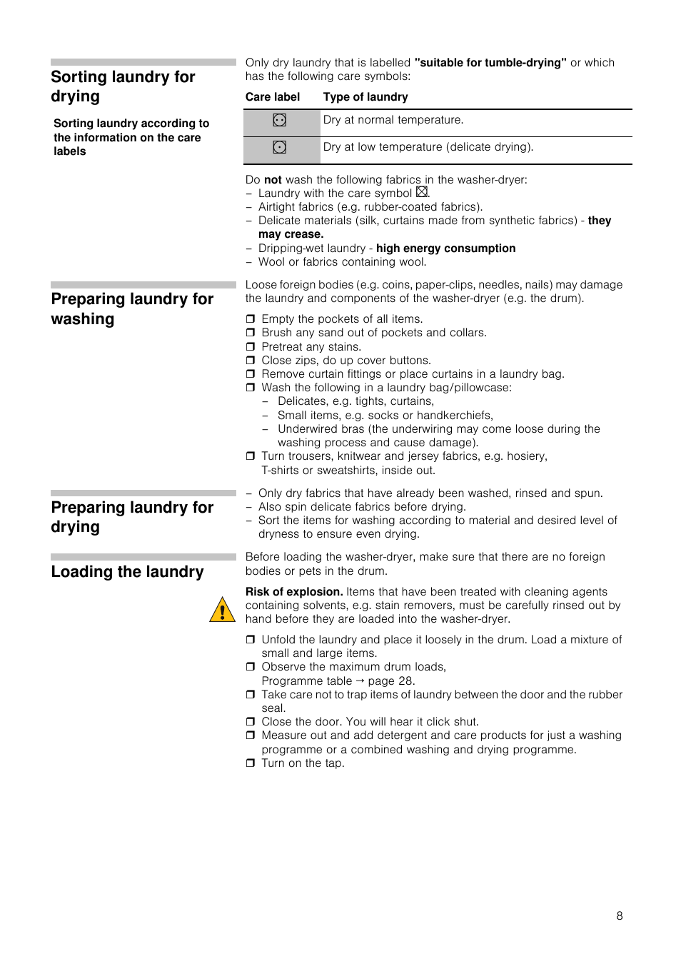 Sorting laundry for drying, Preparing laundry for washing, Preparing laundry for drying | Loading the laundry | Neff V6320X0GB User Manual | Page 8 / 32