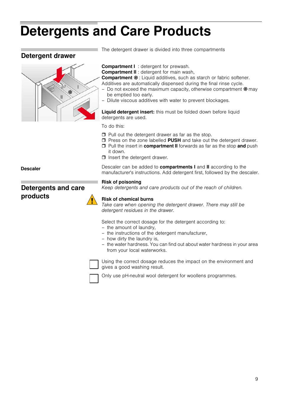 Detergents and care products, Detergent drawer | Neff V6320X0GB User Manual | Page 9 / 32