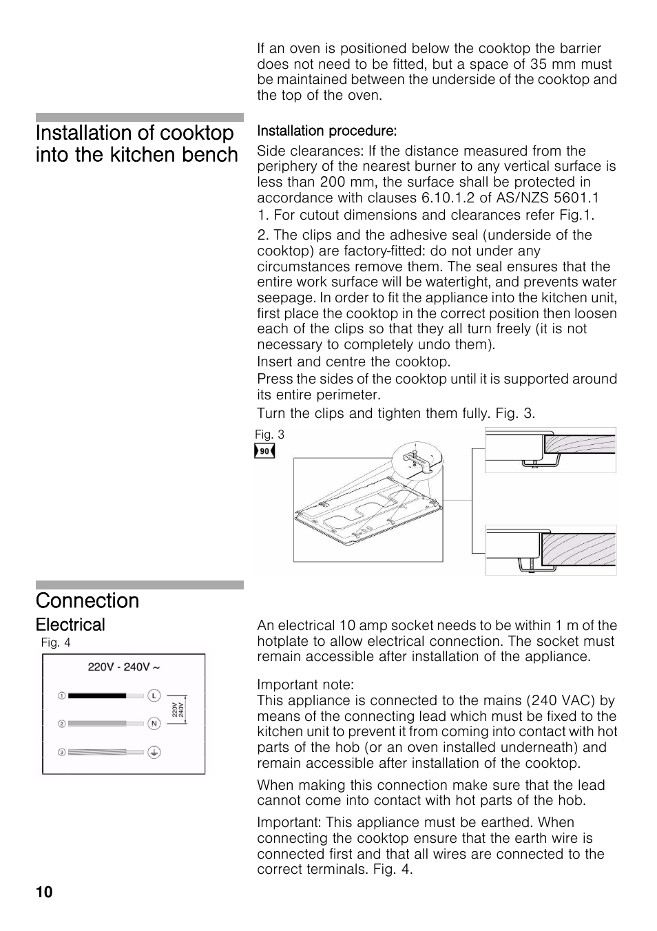 Electrical, Installation of cooktop into the kitchen bench, Connection | Neff T69S86N0 User Manual | Page 10 / 26