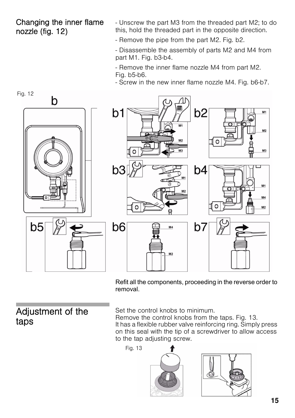 Changing the inner flame nozzle (fig. 12), Adjustment of the taps | Neff T69S86N0 User Manual | Page 15 / 26