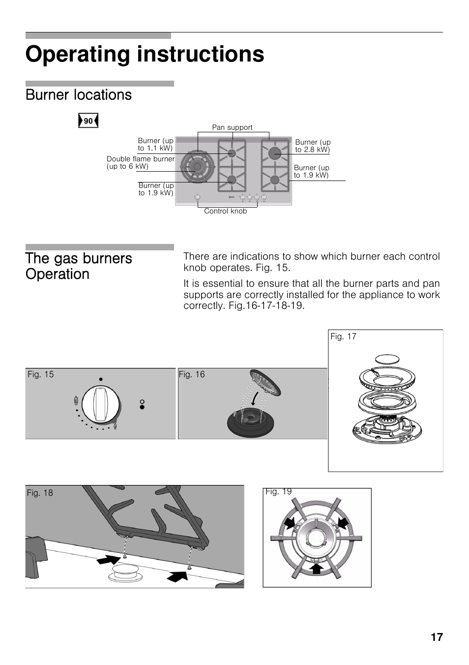 Operating instructions, Burner locations the gas burners operation | Neff T69S86N0 User Manual | Page 17 / 26