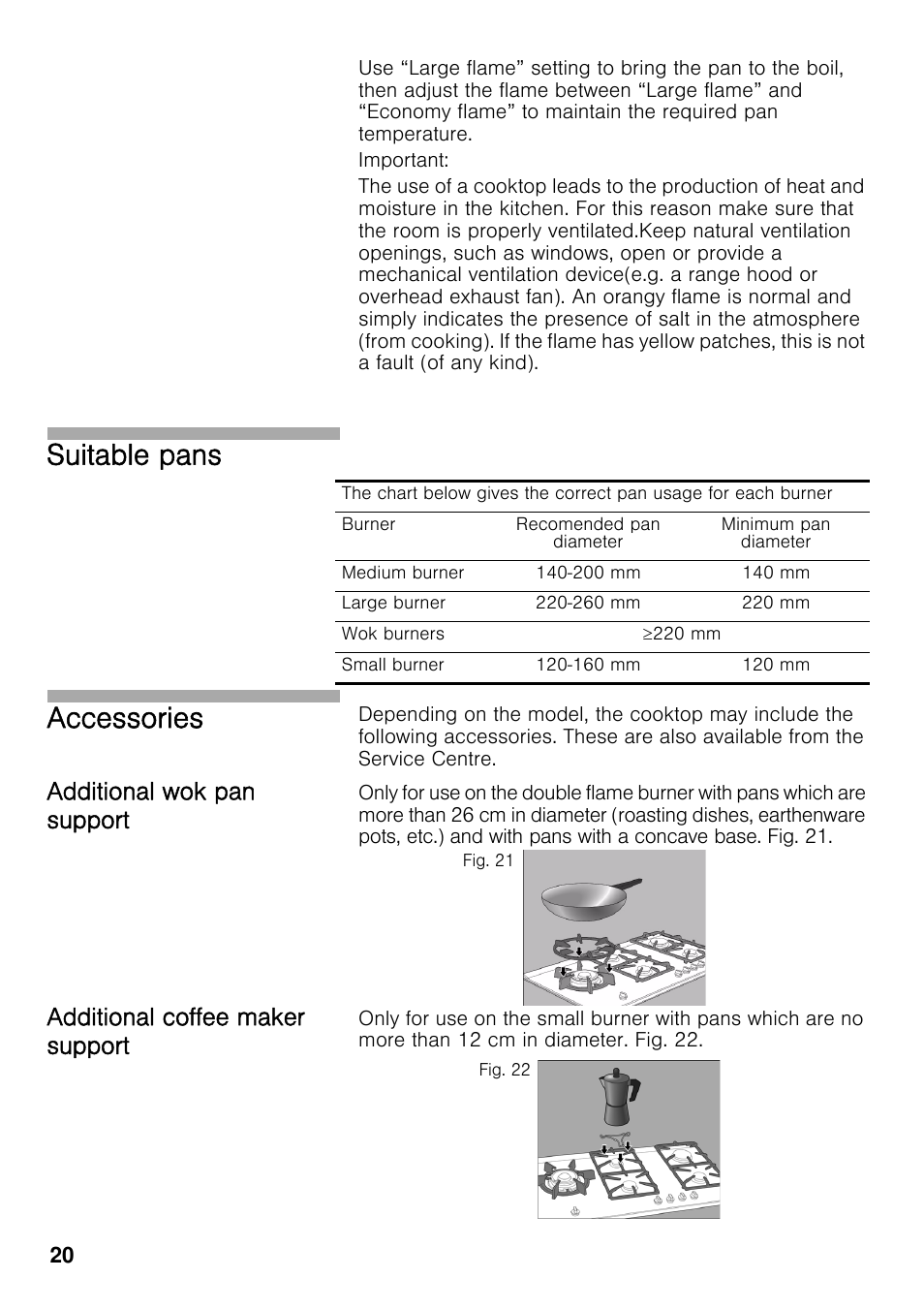 Additional wok pan support, Additional coffee maker support, Suitable pans accessories | Neff T69S86N0 User Manual | Page 20 / 26